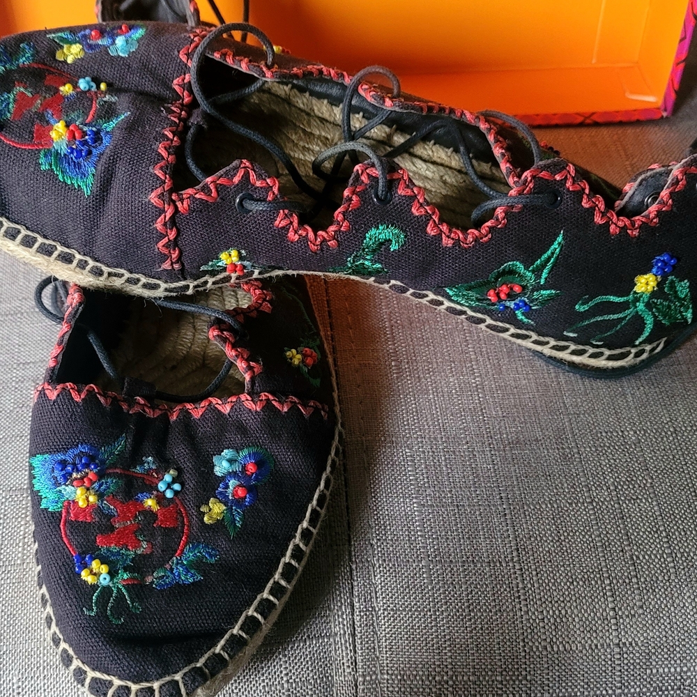 Tory Burch - Black and Red Embroidered Espadrilles with Floral Motifs